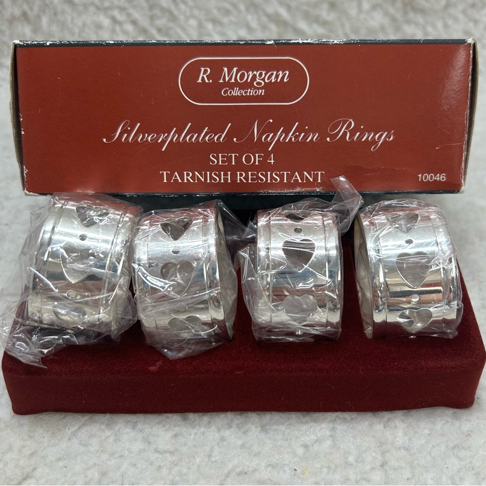 Vintage R. Morgan Collection silverplated napkin rings set of 4 NOS hearts 10046